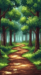Fototapeta premium A vibrant pixel art illustration of a winding dirt path leading through a dense, lush green forest with tall trees and dappled sunlight, branches, plants, game