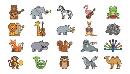 Cute Animals Playing Musical Instruments Vector Icon Set featuring Cartoon Bear, Elephant, Frog, Lion, Giraffe, Fox, and Monkey for Children Educational Designs