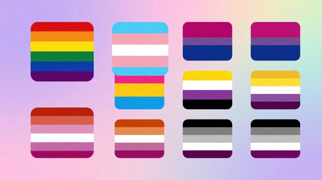 Set of various LGBTQ pride flag icons on pastel gradient background. Colorful symbols for transgender, bisexual, lesbian, asexual, pansexual identity. Different rainbow emblems represent diversity,
