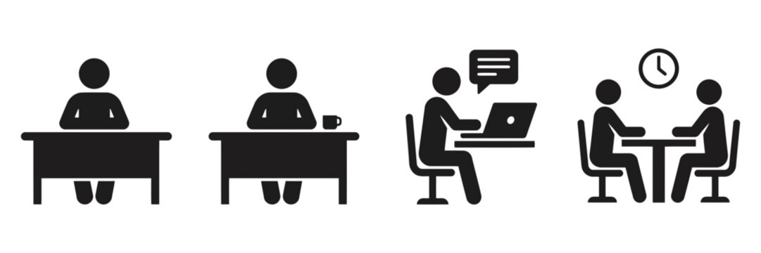 Business work and meeting vector icon showing people sitting at a table, working on laptop, chatting online, drinking coffee and discussing tasks. Clean human workplace and communication concept.