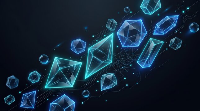 Abstract Geometric Crystals Glowing with Neon Light on Dark Background