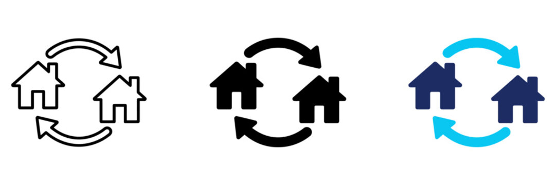 House exchange icon. Real estate swap symbol. Simple pictogram for property exchange, home relocation, moving, housing transfer, residential change and real estate transaction.