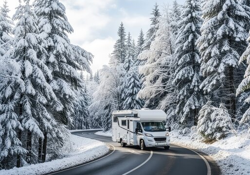 A white motorhome drives along a winding road through a dense forest covered in fresh snow, capturing the essence of a winter road trip, journey, outdoors, expedition
