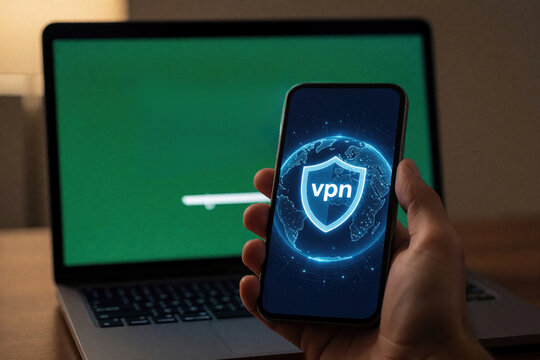 Person uses mobile phone with VPN app for secure internet access. Laptop with green screen in background. Digital privacy and data protection concept.