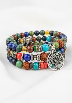 Artisan bohemian wrap bracelet with natural beads and a tree of life charm, styled against elegant white fabric for a feminine aesthetic, charm, turquoise, glass