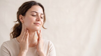 Fototapeta premium A woman with wavy hair tied back wearing a beige shirt touching her neck with both hands, ad social media download thambnail poster web template event festival 2026 2027 2028