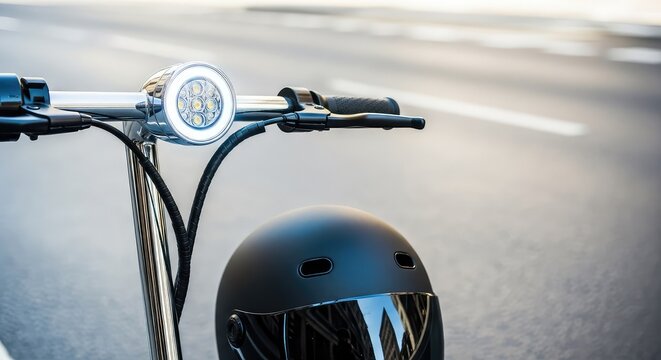 Close-up focus on shiny electric scooter handlebars, bright safety light, and a protective helmet placed on a smooth gray urban city street, outdoors, pavement, eco-friendly