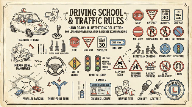 Driving school and traffic rules hand drawn illustrations set. Vintage doodle drawings of learner driver elements and auto road signs. Clean line art collection for education and license exam branding