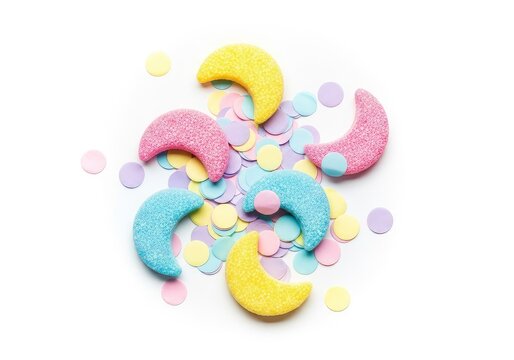 Delightful assortment of crescent moon sugar candies mixed with round pastel confetti. A sweet, dreamy composition in soft candy colors, lavender, flatlay, mint