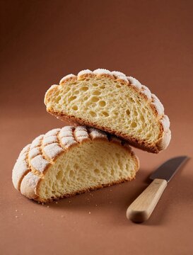 Cross section of sweet concha bread showing soft crumb and sugar crust. A knife lies beside the pastry on a warm brown backdrop. This treat is ready for slicing.