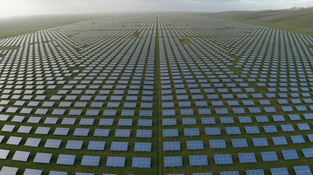 Photorealistic Aerial Shot Of Solar Panels Arranged In Symmetrical Rows Across A Green Valley.