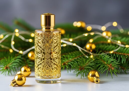 Elegant glass fragrance container with golden details resting on a festive seasonal background featuring pine branches and glowing lights, ornaments, gift, winter