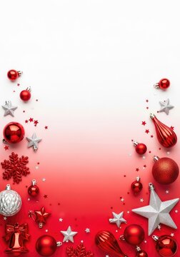 Festive holiday background featuring a soft red to white ombre gradient with shiny red and silver ornaments and shimmering silver stars, glowing, white, metallic