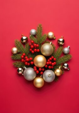 Festive holiday composition with green spruce branches, red winter berries, and shiny baubles arranged on a vibrant crimson background, elegant, glossy, needle