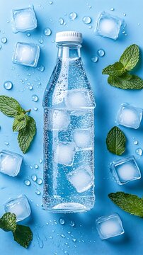 Refreshing clear water bottle with ice cubes and mint leaves on blue background