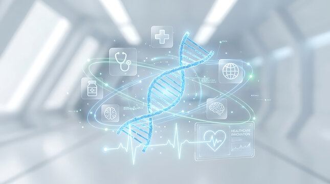 Futuristic DNA helix hologram with medical icons, glowing blue genetic research interface, biotechnology and healthcare innovation concept