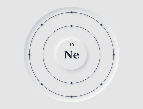 Neomorphic periodic table diagram showing Neon atomic structure with orbiting electrons.