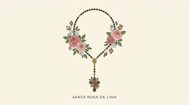 Rosary beads entwined with blossoming roses, simple wording about Santa Rosa de Lima