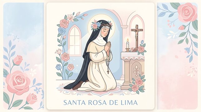 Saint Rose of Lima praying peacefully, minimal Santa Rosa de Lima text