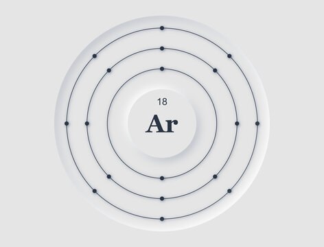 Neomorphic periodic table diagram showing Argon atomic structure with orbiting electrons.