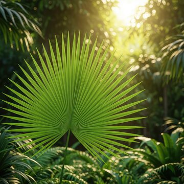 Lush tropical jungle with vibrant green palm leaves, dense exotic plants, and soft sunlight filtering through the canopy for a natural scene, nature, growth, landscape