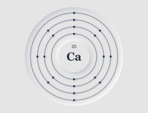Neomorphic periodic table diagram showing Calcium atomic structure with orbiting electrons.