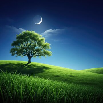 Serene night landscape featuring a single tree on a grassy hill bathed in soft moonlight, evoking deep calm and a sense of quiet solitude, nature, blue, scenic