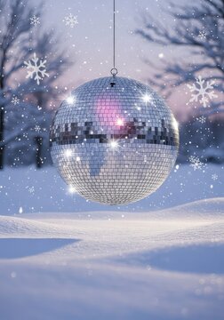 Shimmering disco ball suspended in a snowy winter landscape with soft falling flakes, creating a festive and whimsical holiday atmosphere, ethereal, illumination, reflective