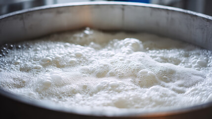 Fototapeta premium Fresh milk foam bucket bubble dairy liquid close up forming in metal container, white froth texture during food preparation