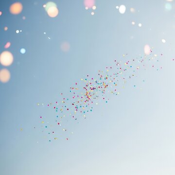 Vibrant colorful confetti floats gently through a soft dreamy blue sky with magic bokeh light effects for a minimalist festive background, modern, bright, pastel