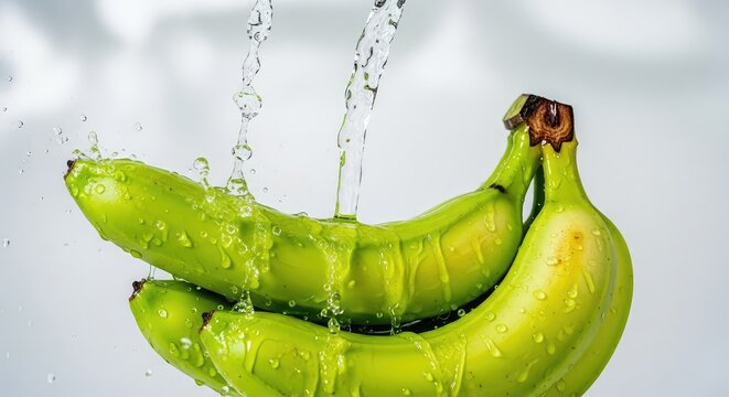 Vibrant green bananas under a stream of flowing water with sparkling droplets, emphasizing freshness, health, and natural organic nutrition, ingredient, bright, flow