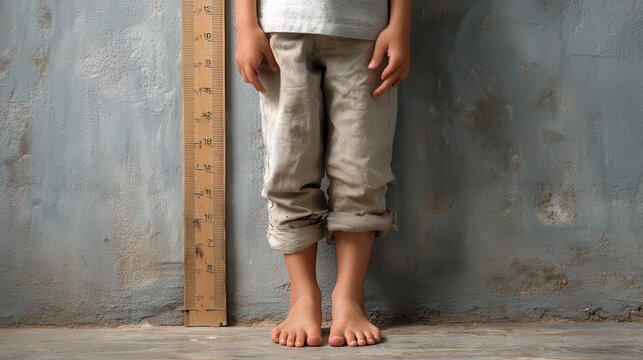 Child barefoot standing height ruler wall pant foot, barefoot child standing by height ruler against textured blue wall simple