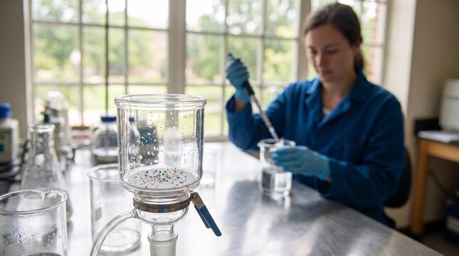 Scientist conducting microplastic filtration analysis inside a professional laboratory setting