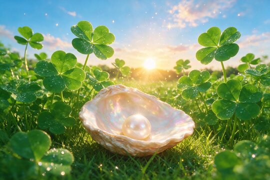 A shiny pearl inside an open seashell resting on green clover leaves in a sunny meadow