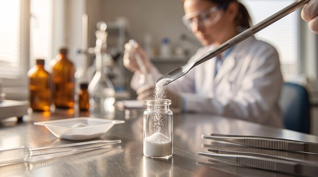 Scientist carefully pouring white chemical powder into a glass vial in a bright laboratory