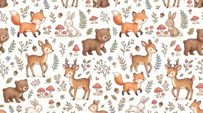 Seamless woodland pattern with cute cartoon animals like foxes, bears and deer