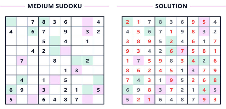 Medium Sudoku puzzle and its solution on a grid layout  