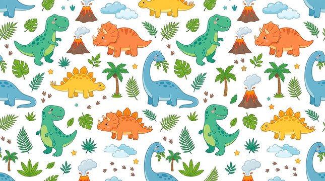 Cute Cartoon Dinosaur Seamless Pattern with Volcanoes Palm Trees and Tropical Leaves