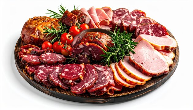 Cold smoked meat platter isolated on white background