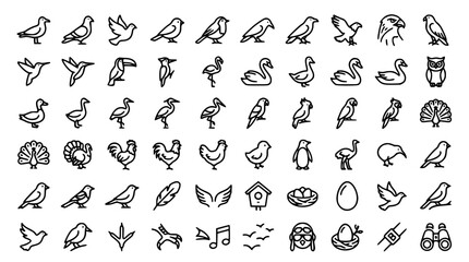Obraz premium Mega Pack Wildlife Bird Vector Line Icon Set Featuring Eagle Owl Swan Duck Parrot Peacock Hummingbird Flamingo and Ornithology Nature Conservation Symbols