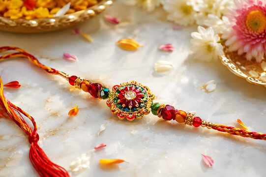 Elegant Raksha Bandhan Festival Background with Decorative Rakhi, Rakhi Purnima, Brother Sister Relationship, Traditional Rakhi Ceremony, Tilak, Kumkum, Akshat, Diya Lamp, Indian Mithai, Gifts