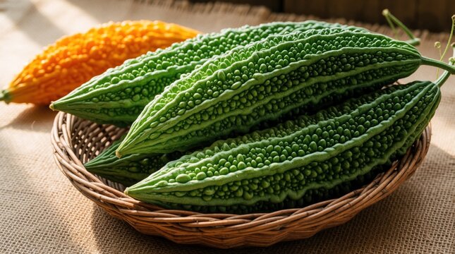 Fresh green bitter melons and one orange specimen rest in a woven basket on a burlap surface. This tropical gourd variety is raw produce for healthy eating and cooking.