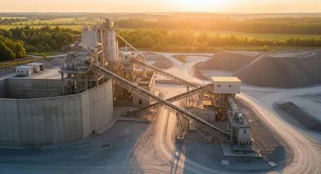 Vast concrete production facility and aggregate processing plant at sunrise
