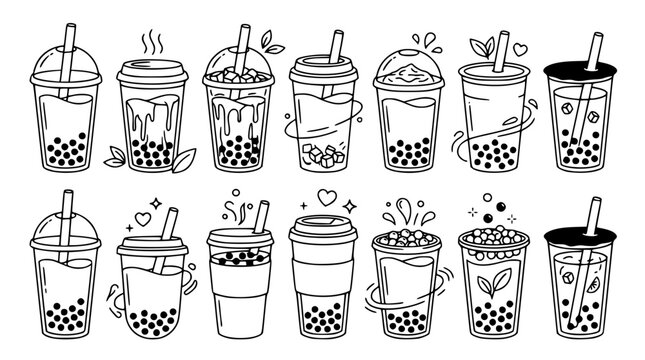 Taiwanese Bubble Milk Tea and Sweet Tapioca Pearl Drink Icon Set with Aesthetic Beverage Cup Symbols for Asian Cafe Menus, Boba Shop Branding, and Vector Line Art Graphic Elements