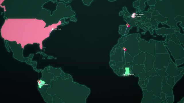 Cocoa Bean Trade Routes on Dark Map, Ivory Coast Ghana Ecuador to Netherlands Belgium Animated Motion Graphics Seamless Loop, 4K