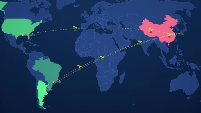 Soybean Shipping Routes on Corporate Map, Brazil USA Argentina to China Animated Agriculture Motion Graphics Seamless Loop, 4K