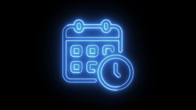 Neon calendar and clock icon pulses with a glowing blue animation Video