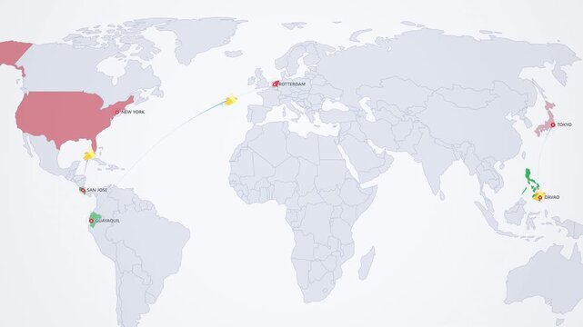 Banana Export Routes on Light Map, Ecuador Costa Rica Philippines to Europe USA Japan Animated Motion Graphics Seamless Loop, 4K