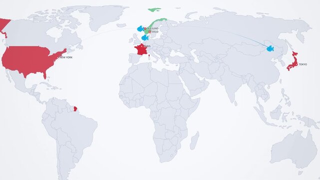 Norwegian Salmon Export Routes on Neon Map, Norway to Japan France USA Animated Seafood Motion Graphics Seamless Loop, 4K