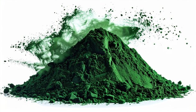 Heap of spirulina algae powder isolated on white background, superfood ingredient, vibrant green color